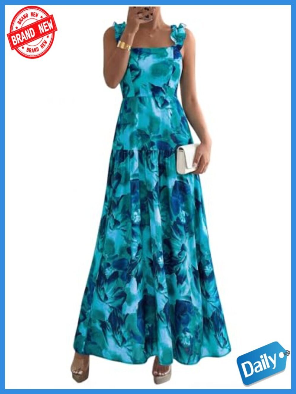 Square Neck Ruffle Straps Smocked Maxi Dress with Pockets